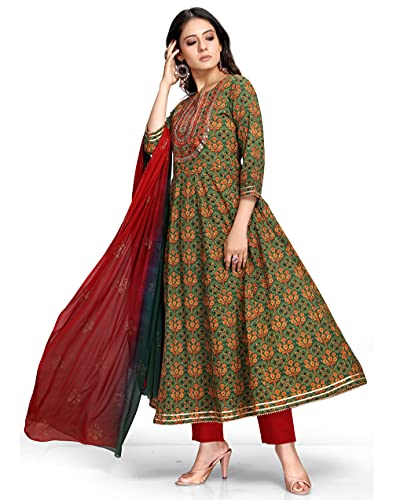 Rajnandini Women's Pure Cambric Cotton Embroidered Kurta Set With Dupatta (JOPLVL213-XXL_Green & Red_XXL) - Image 3