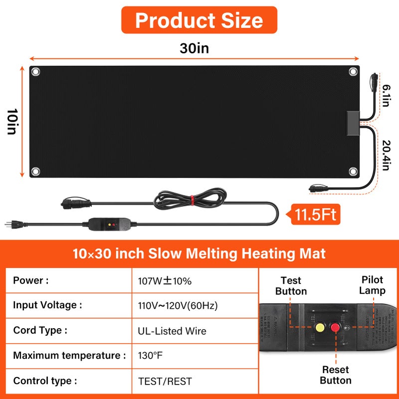HETFOENT 10x30in Heated Snow Melting Mats,No-Slip Rubber Heated Outdoor Mats,Snow and Ice Melting Mats for Winter Outdoor Stairs,Steps,Doorways,Walkways,Driveway,3 in/h Melting Speed - Image 3