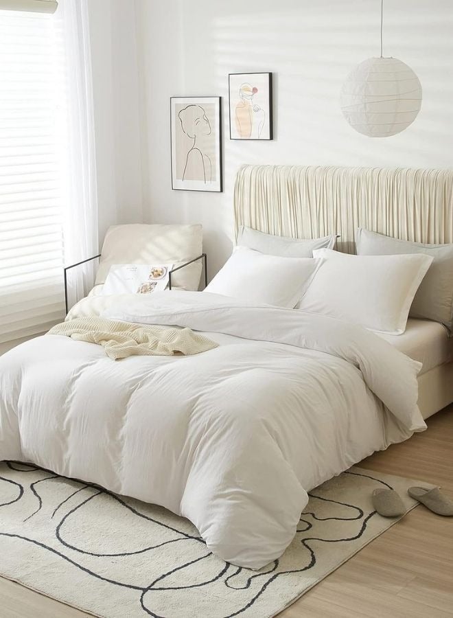 LUNA Home Single Size 4 Pieces Bedding Set Washable Cotton Snow White - Image 3