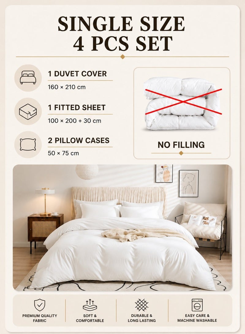 LUNA Home Single Size 4 Pieces Bedding Set Washable Cotton Snow White - Image 2