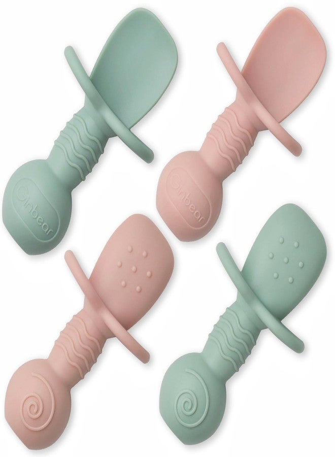 Ginbear Platinum Silicone Baby Spoons Self Feeding 6 Months First Stage, Non Toxic Infants Led Weaning Utensils for Training, Soft BLW Supplies Pack of 4 (Hazy Green/Pink) - Image 1
