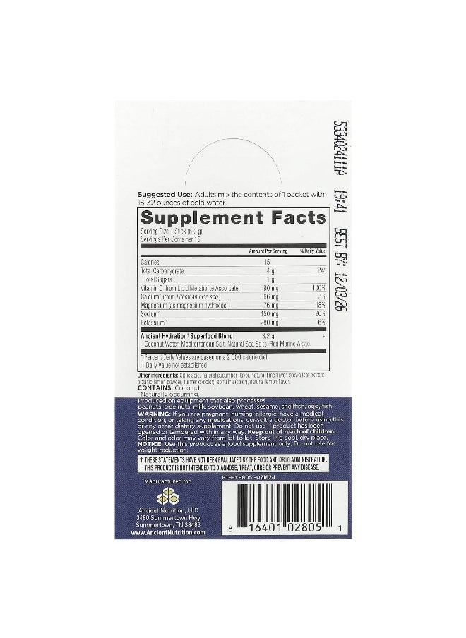 Ancient Nutrition - Ancient Nutrition, Rapid Hydration, Lemon Lime, 15 On-The-Go Stick Packs, 0.2 oz (6 g) Each - Image 1