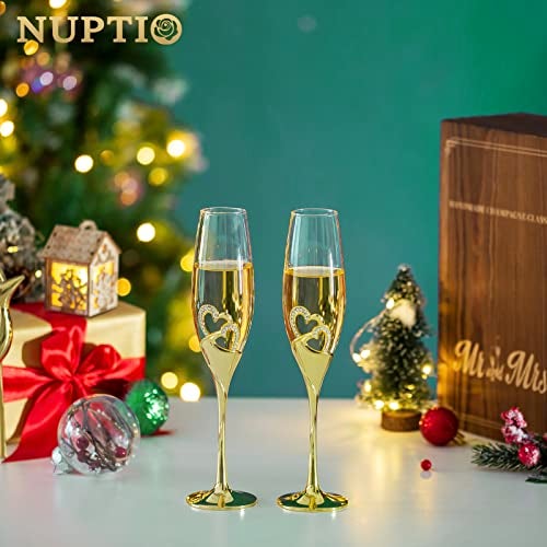 NUPTIO Crystal Champagne Flutes Wedding: Set of 2 Gold Champagne Glasses with Wooden Gift Box Prosecco Glass Pair for Couples Bride & Groom Engagement Anniversary Bridal Showers Toasting Gift Sets - Image 2