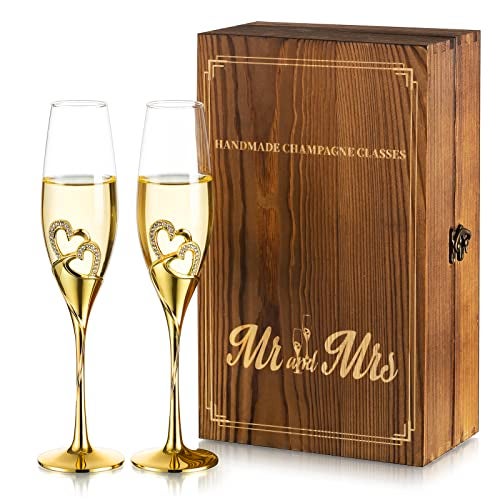 NUPTIO Crystal Champagne Flutes Wedding: Set of 2 Gold Champagne Glasses with Wooden Gift Box Prosecco Glass Pair for Couples Bride & Groom Engagement Anniversary Bridal Showers Toasting Gift Sets - Image 1