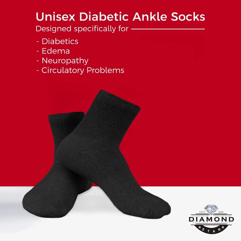 Diamond Star Diabetic Ankle Socks, Non-Binding Circulatory Doctor Approved Cushion Cotton Quarter Socks for Menâ€™s Womenâ€™s (3 Pack Black, Big & Tall Men's 13-15 Shoe Size 9-14) - Image 4