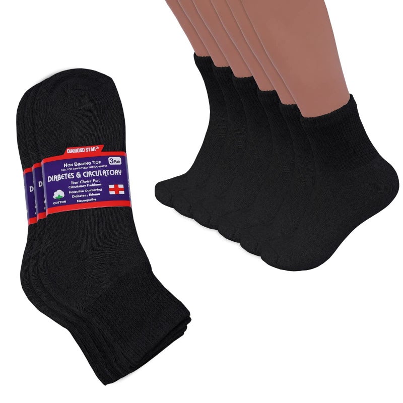 Diamond Star Diabetic Ankle Socks, Non-Binding Circulatory Doctor Approved Cushion Cotton Quarter Socks for Menâ€™s Womenâ€™s (3 Pack Black, Big & Tall Men's 13-15 Shoe Size 9-14) - Image 1