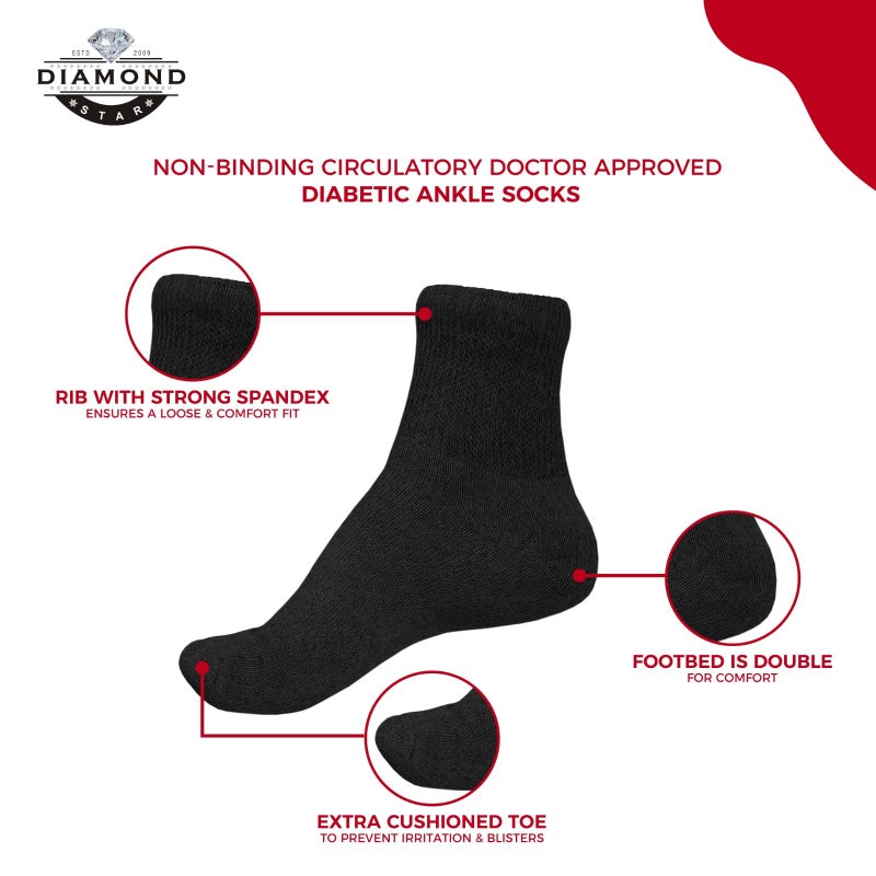 Diamond Star Diabetic Ankle Socks, Non-Binding Circulatory Doctor Approved Cushion Cotton Quarter Socks for Menâ€™s Womenâ€™s (3 Pack Black, Big & Tall Men's 13-15 Shoe Size 9-14) - Image 3