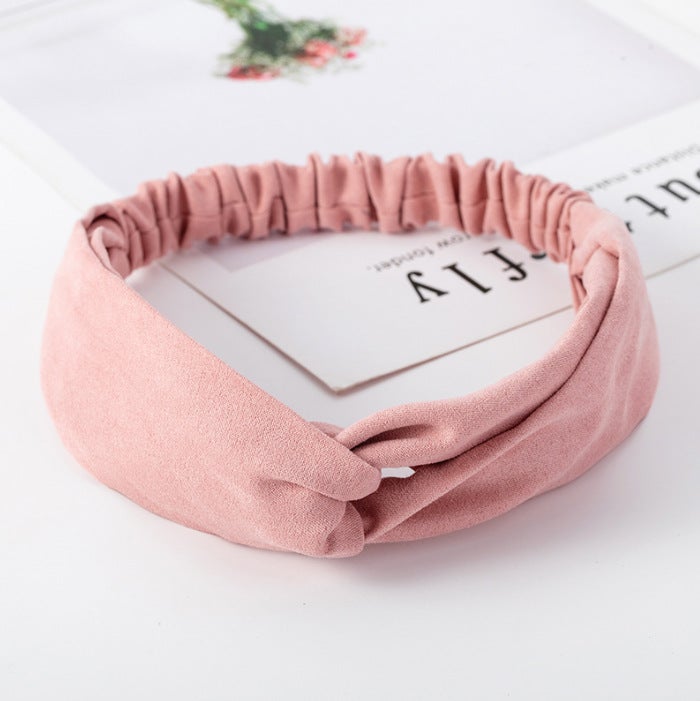 Loquat Korean-style Knit Cross Headband Elastic Solid Color 3*suede pink