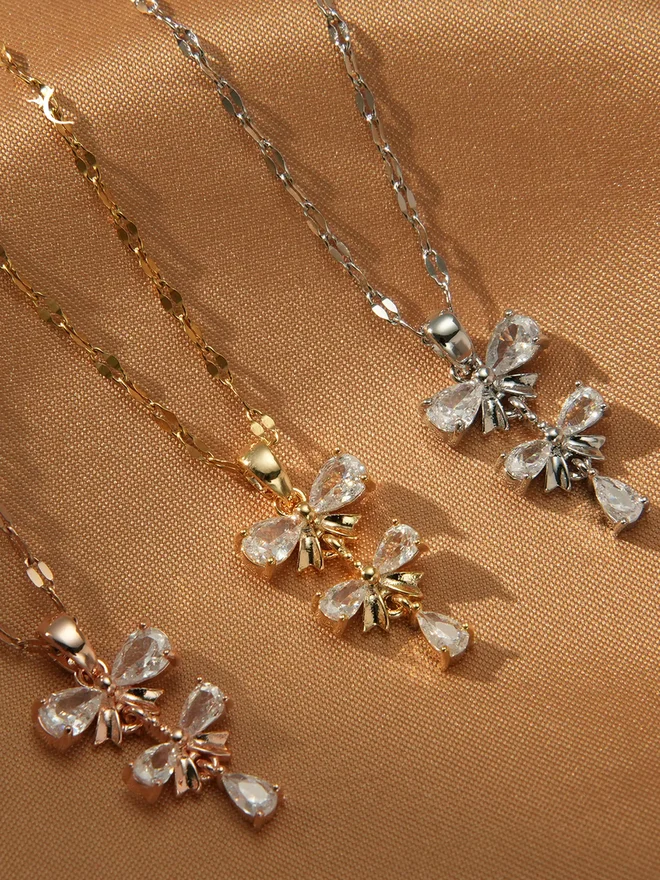 Take Two Embellished Bow Drop Pendant Necklace