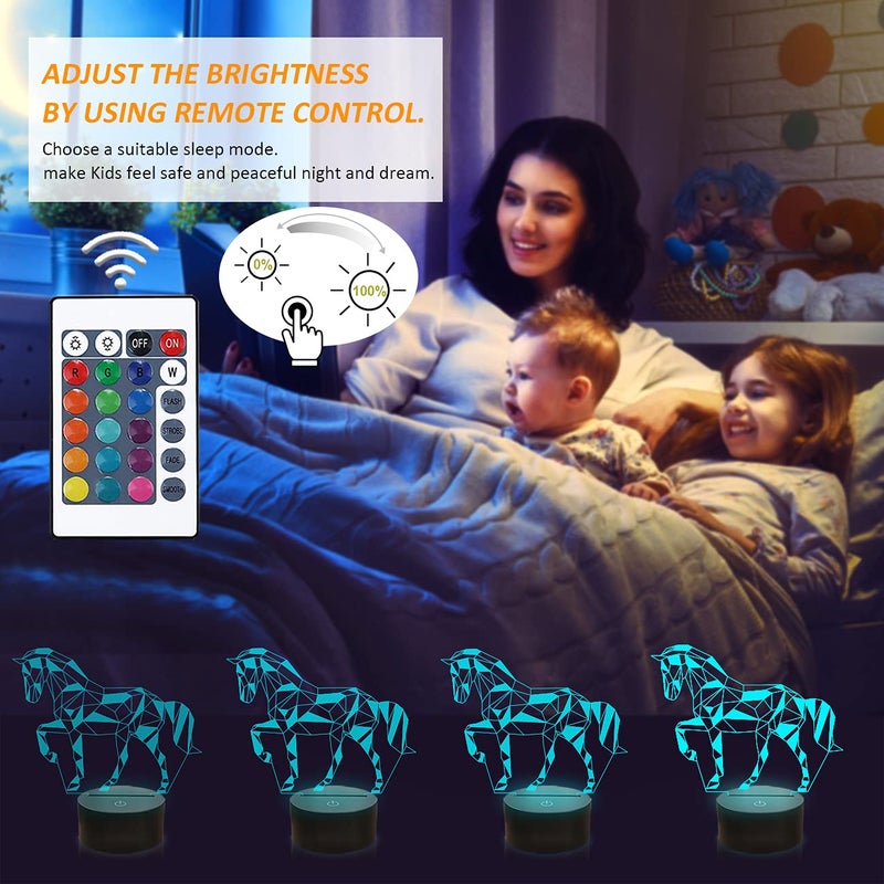 FULLOSUN Night Lights for Kids Horse Illusion 3D Night Light Bedside Lamp 16 Colors Changing with Remote Control Best Birthday Gifts for Child Baby Boy and Girl - Image 5