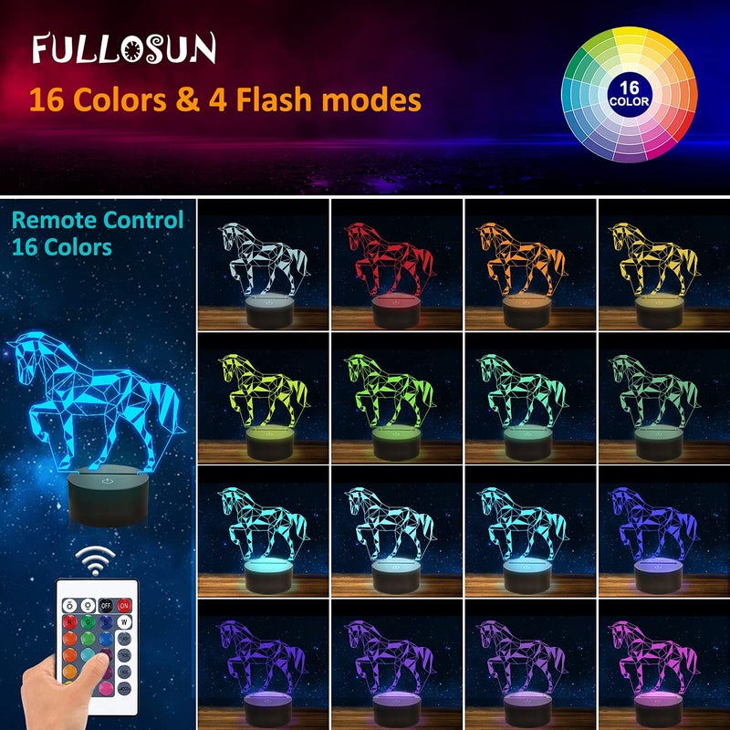 FULLOSUN Night Lights for Kids Horse Illusion 3D Night Light Bedside Lamp 16 Colors Changing with Remote Control Best Birthday Gifts for Child Baby Boy and Girl - Image 2