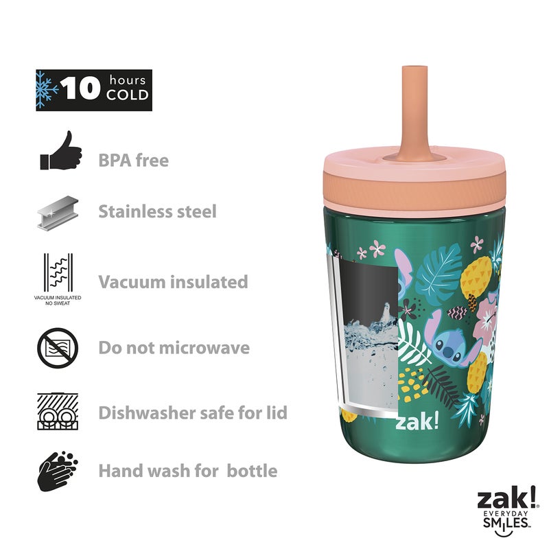Zak Designs طقم أكواب زاك ديزاينز ديزني ليلو وستيتش كيلسو، غطاء محكم مع قشة، حزمة للأطفال تتضمن أكواب بلاستيكية وفولاذية مع قشة إضافية (طقم 3 قطع، خالي من BPA، ستيتش) - Image 4