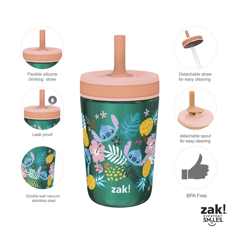 Zak Designs طقم أكواب زاك ديزاينز ديزني ليلو وستيتش كيلسو، غطاء محكم مع قشة، حزمة للأطفال تتضمن أكواب بلاستيكية وفولاذية مع قشة إضافية (طقم 3 قطع، خالي من BPA، ستيتش) - Image 5
