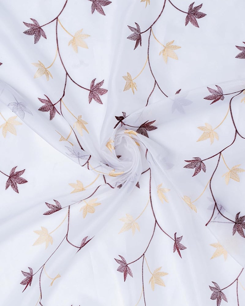 Parda online 7 ft Tissue Embroidered Curtain | Leaf Design Eyelet Window Curtain | Vintage Classical Floral Print | Maroon & Yellow (Pack of 2) - Image 4