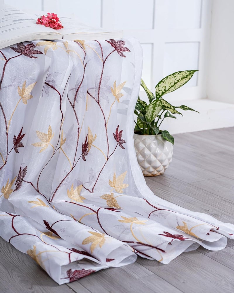 Parda online 7 ft Tissue Embroidered Curtain | Leaf Design Eyelet Window Curtain | Vintage Classical Floral Print | Maroon & Yellow (Pack of 2) - Image 5