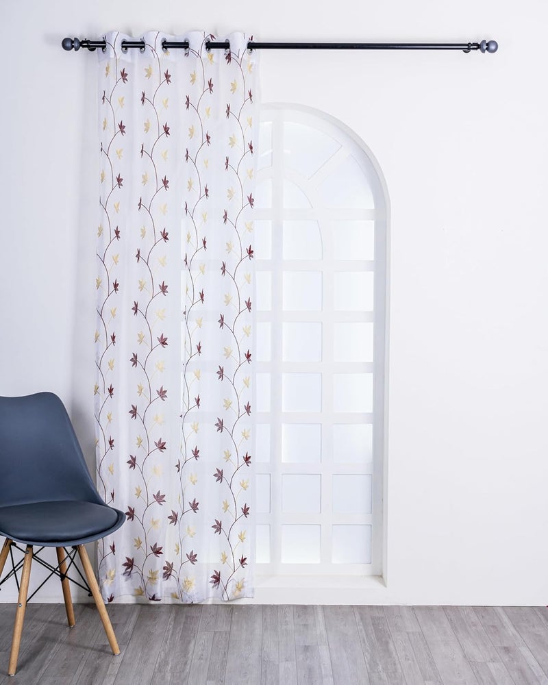 Parda online 7 ft Tissue Embroidered Curtain | Leaf Design Eyelet Window Curtain | Vintage Classical Floral Print | Maroon & Yellow (Pack of 2) - Image 3