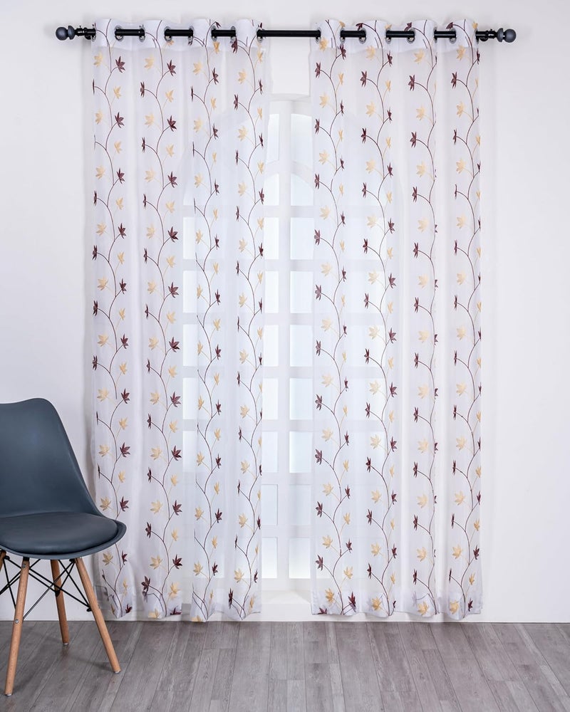 Parda online 7 ft Tissue Embroidered Curtain | Leaf Design Eyelet Window Curtain | Vintage Classical Floral Print | Maroon & Yellow (Pack of 2) - Image 2