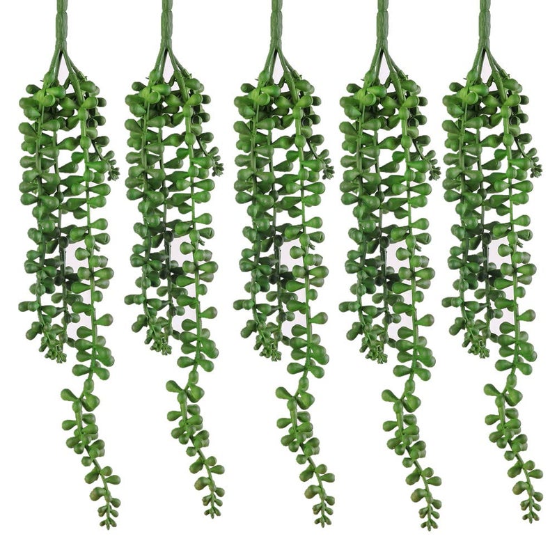 COTSEN 5pcs Artificial Succulents Hanging Plants 17Inch Fake String of Pearls Plants Realistic Green for Garden Office Interior and Outdoor Decoration