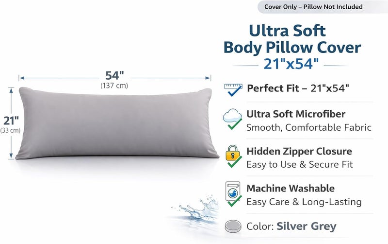 EVOLIVE Ultra Soft Microfiber Body Pillow Cover/Pillowcases 21"x54" with Hidden Zipper Closure (Grey, Body Pillow Cover 21"x54") - Image 3