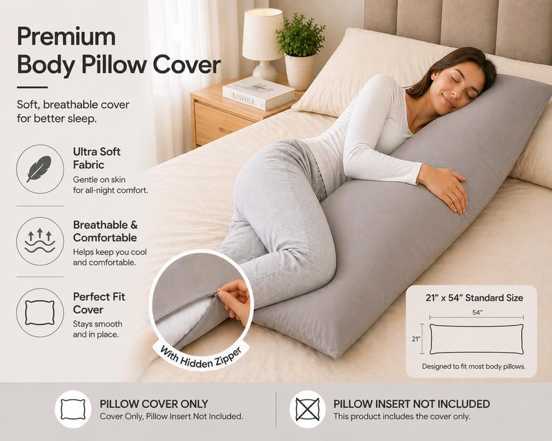 EVOLIVE Ultra Soft Microfiber Body Pillow Cover/Pillowcases 21"x54" with Hidden Zipper Closure (Grey, Body Pillow Cover 21"x54") - Image 4