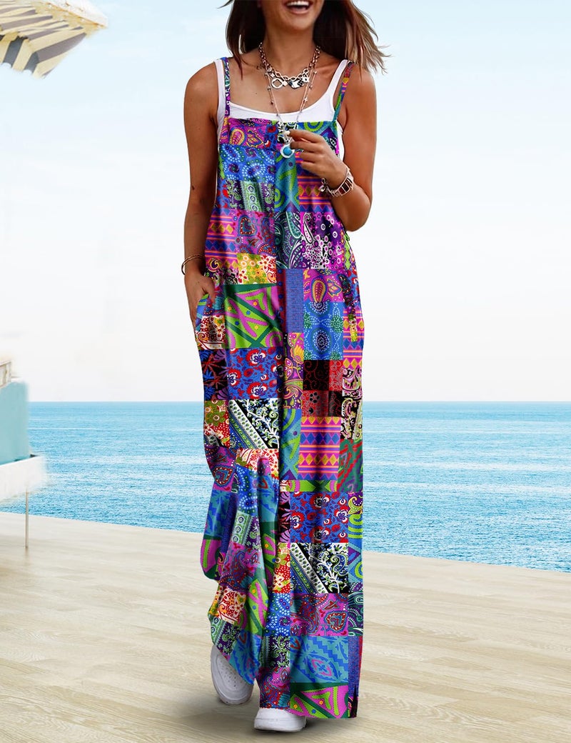 YESNO Women's Summer Boho Casual Jumpsuits Wide Leg Overalls Floral Print Baggy Rompers with Pockets 2XL PZZCR P002B - Image 2