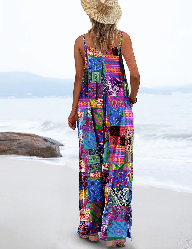 YESNO Women's Summer Boho Casual Jumpsuits Wide Leg Overalls Floral Print Baggy Rompers with Pockets 2XL PZZCR P002B - Image 3