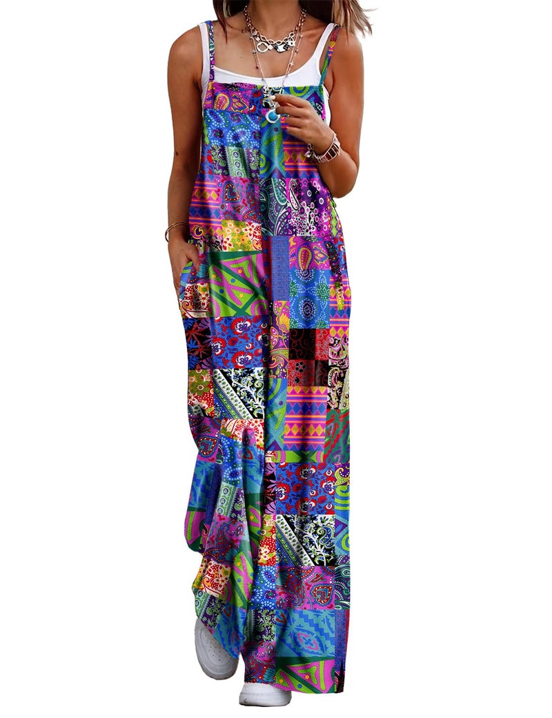 YESNO Women's Summer Boho Casual Jumpsuits Wide Leg Overalls Floral Print Baggy Rompers with Pockets 2XL PZZCR P002B - Image 1