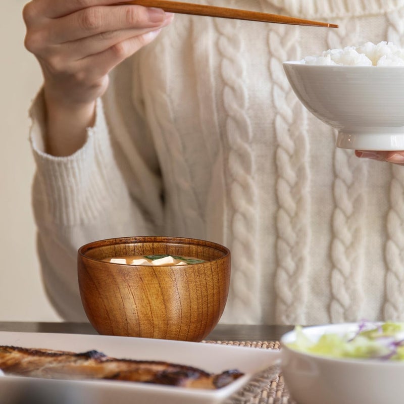 Baluue 2pcs Wooden Bowls with Lids Handmade Wood Japanese Style Miso DropResistant Bowl for Soup Rice Salad Snacks 393 X 354 Inch Smooth Surface for Home Use - Image 4