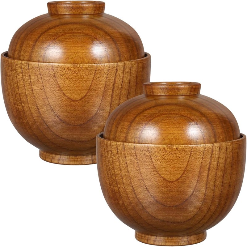 Baluue 2pcs Wooden Bowls with Lids Handmade Wood Japanese Style Miso DropResistant Bowl for Soup Rice Salad Snacks 393 X 354 Inch Smooth Surface for Home Use - Image 1