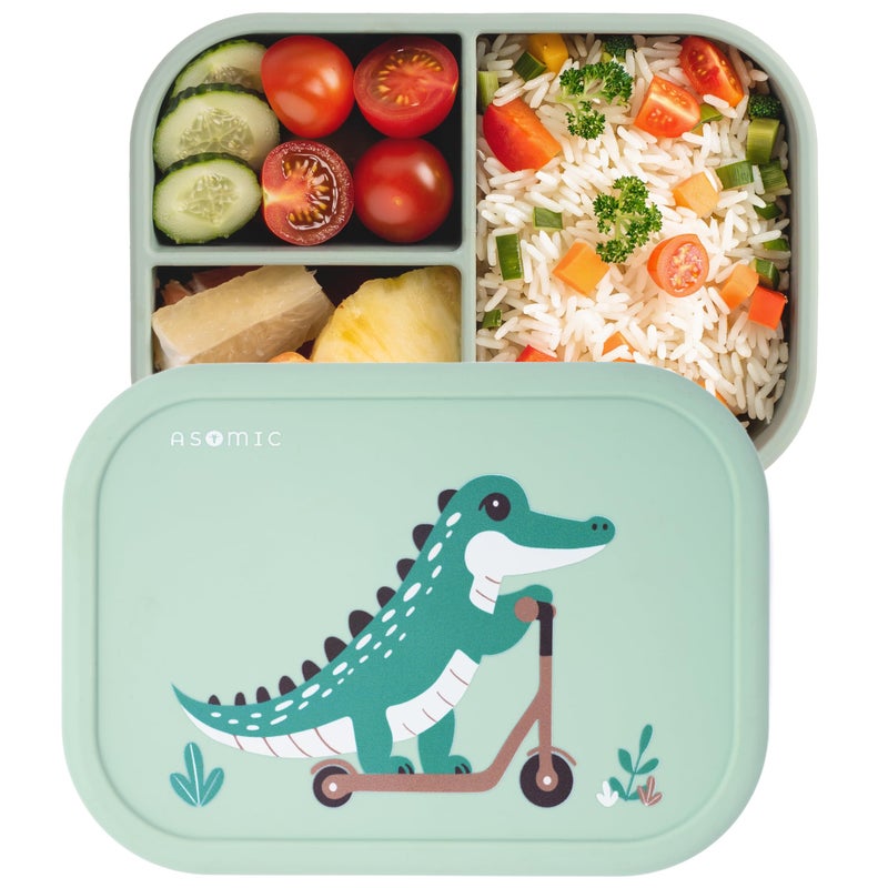 ASOMIC Silicone Bento Lunch Box for Toddlers & Kids, Leakproof & BPA-Free, 3 Compartments, Microwave & Dishwasher Safe, Ideal for Daycare, Preschool & Baby Meals (Crocodile) - Image 1