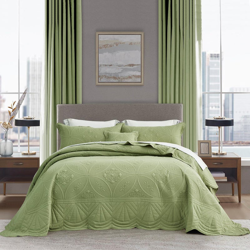 DaisyHuang Oversized Bedspread King Size Bedding Cover Modern Contemporary Coverlet Set Real Stitching Reversible Lightweight 5 Piece Sage Green
