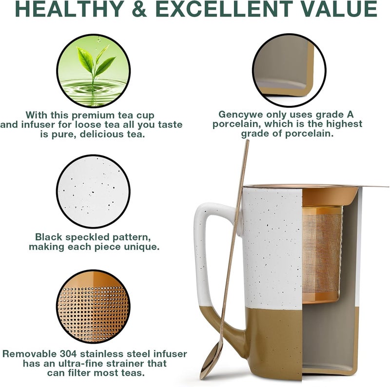 Gencywe Ceramics Large Tea Cup with Loose Leaf Infuser, Spoon and Lid, 16 oz Tall Coffee Mug, Microwave and Dishwasher Safe, Rustic Matte Ceramic Glaze, Tea Strainer, Amber - Image 5