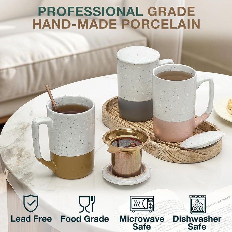 Gencywe Ceramics Large Tea Cup with Loose Leaf Infuser, Spoon and Lid, 16 oz Tall Coffee Mug, Microwave and Dishwasher Safe, Rustic Matte Ceramic Glaze, Tea Strainer, Amber - Image 4