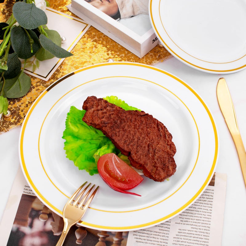 FLOWERCAT 60PCS Gold Plastic Plates - Heavy Duty White and Gold Plastic Plates Disposable for New Year/Party/Wedding - Include 30PCS 10.25inch Dinner Plates and 30PCS 7.5inch Dessert Plates - Image 4