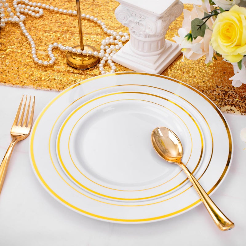 FLOWERCAT 60PCS Gold Plastic Plates - Heavy Duty White and Gold Plastic Plates Disposable for New Year/Party/Wedding - Include 30PCS 10.25inch Dinner Plates and 30PCS 7.5inch Dessert Plates - Image 5