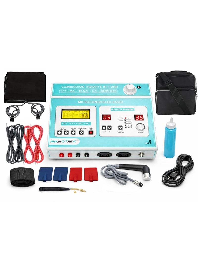 PHYSIOTREX® 5-in-1 Physiotherapy Equipment LCD Combination Therapy | IFT, TENS, MS, Ultrasound, Deep Heat | Professional Physiotherapy Machine for Wellness & Muscle Stimulation with 1 year warranty - Image 1