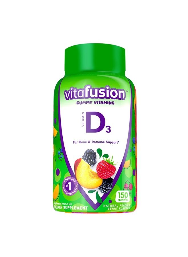 Vitafusion فيتامين د3 فيتامينات جومي لدعم العظام والجهاز المناعي، بنكهة الخوخ، التوت الأسود والفراولة، 50 ميكروغرام فيتامين د، العلامة التجارية رقم 1 في فيتامينات الجومي في أمريكا، 75 يوم إمداد، 150 حبة - Image 1