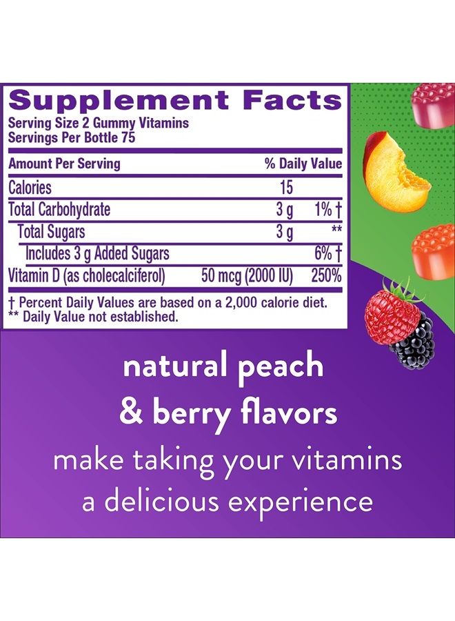 Vitafusion فيتامين د3 فيتامينات جومي لدعم العظام والجهاز المناعي، بنكهة الخوخ، التوت الأسود والفراولة، 50 ميكروغرام فيتامين د، العلامة التجارية رقم 1 في فيتامينات الجومي في أمريكا، 75 يوم إمداد، 150 حبة - Image 3