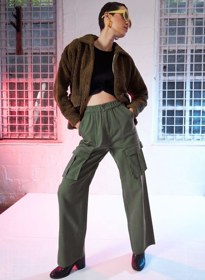SASSAFRAS Olive Green High-Rise Cargo Jeans for Women - Image 4
