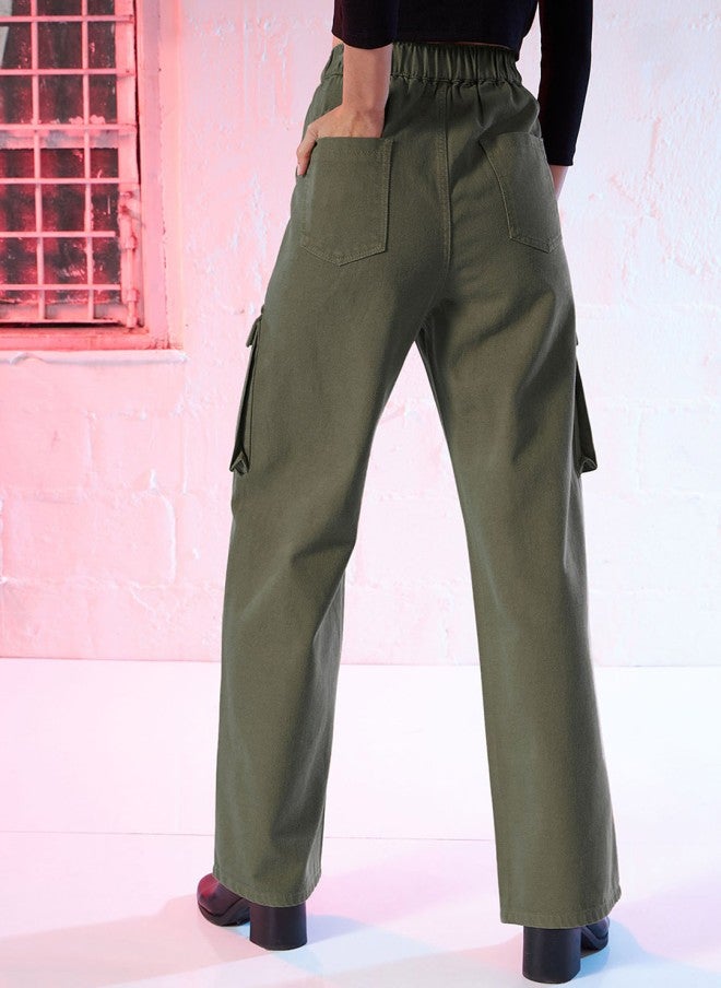 SASSAFRAS Olive Green High-Rise Cargo Jeans for Women - Image 3