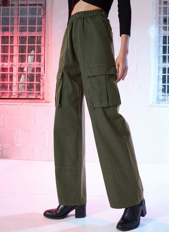 SASSAFRAS Olive Green High-Rise Cargo Jeans for Women - Image 2