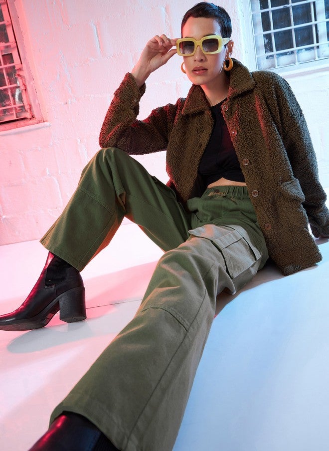 SASSAFRAS Olive Green High-Rise Cargo Jeans for Women - Image 5
