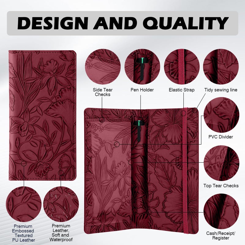Pisypox Checkbook Cover for Personal Checkbookï¼ŒSoft PU leather with a detailed embossed flower patternï¼Œwith Pen Holder & Built-in Clear Plastic Divider for Duplicate Checks - Image 3