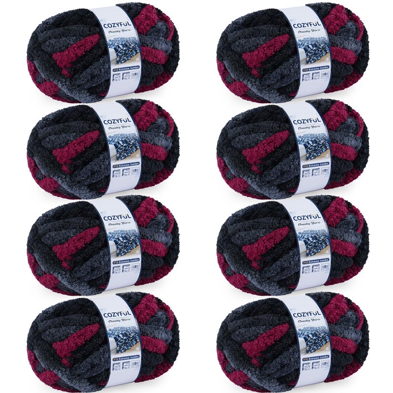 Cozyful Chunky Yarn for Hand Knitting - #10 Chunky Chenille Blanket Yarn, Jumbo Big Thick Chunky Yarns for Crocheting, Tie Dye Bulky Knit Yarns, 8 Skein (25 yds 8 oz Each Skein), Grey & Black & Red - Image 1