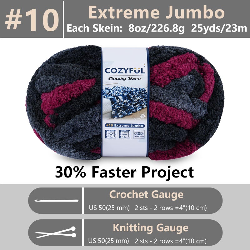 Cozyful Chunky Yarn for Hand Knitting - #10 Chunky Chenille Blanket Yarn, Jumbo Big Thick Chunky Yarns for Crocheting, Tie Dye Bulky Knit Yarns, 8 Skein (25 yds 8 oz Each Skein), Grey & Black & Red - Image 2