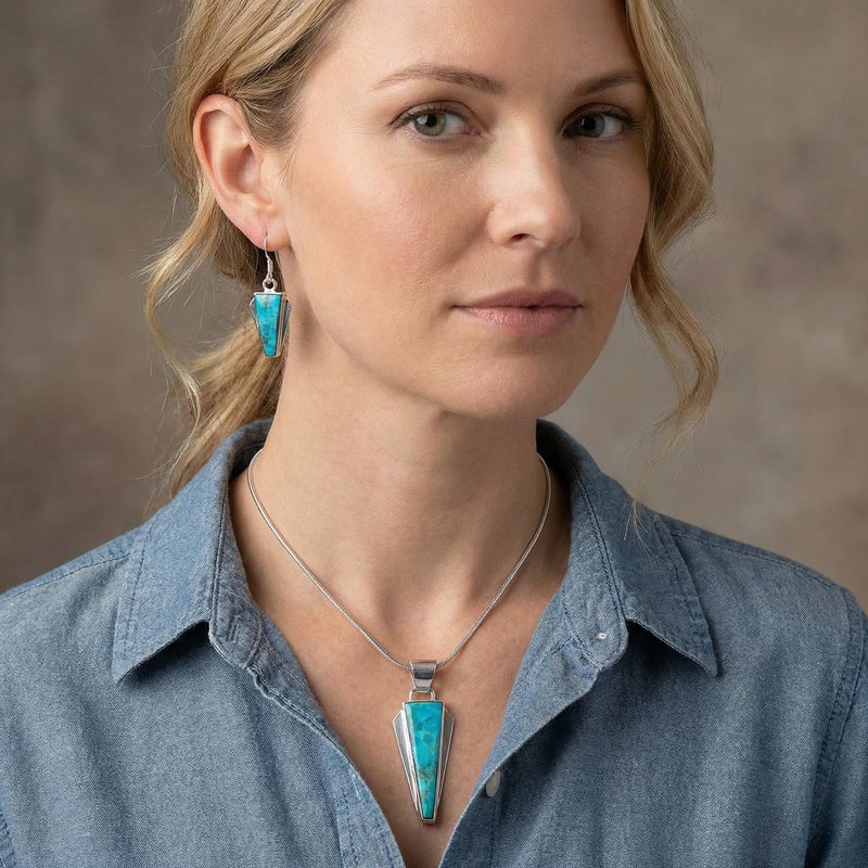 Turquoise Network 925 Sterling Silver Matching Pendant & Earrings Set Turquoise 20" Necklace (Turquoise-C75) - Image 2
