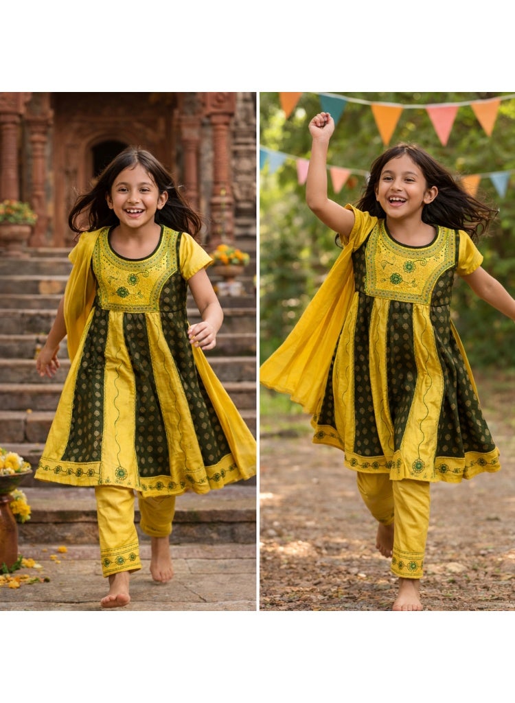 جوليتي إل إل سي طقم ملابس تراثية للبنات مع شال قطني – 3 قطع (فستان + بنطال + شال) | أخضر غامق وخردلي | مقاس (عمر 9–10 سنوات)** - Image 1