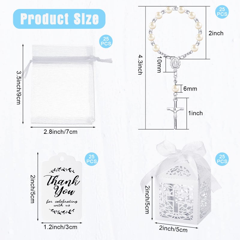 MTLEE 100 Pieces Baptism Favors Set Includes Mini Rosary Baptism Favors Boxes White Organza Bags with Drawstring Thank Tags for Christening Weddings Christian Party - Image 2