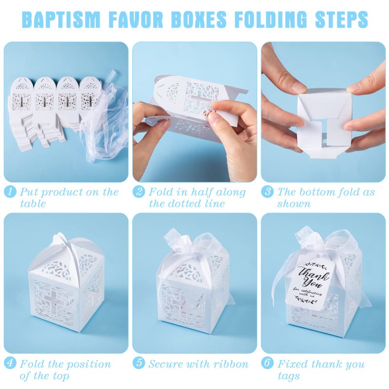 MTLEE 100 Pieces Baptism Favors Set Includes Mini Rosary Baptism Favors Boxes White Organza Bags with Drawstring Thank Tags for Christening Weddings Christian Party - Image 4