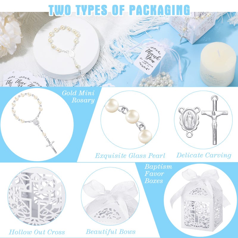 MTLEE 100 Pieces Baptism Favors Set Includes Mini Rosary Baptism Favors Boxes White Organza Bags with Drawstring Thank Tags for Christening Weddings Christian Party - Image 3